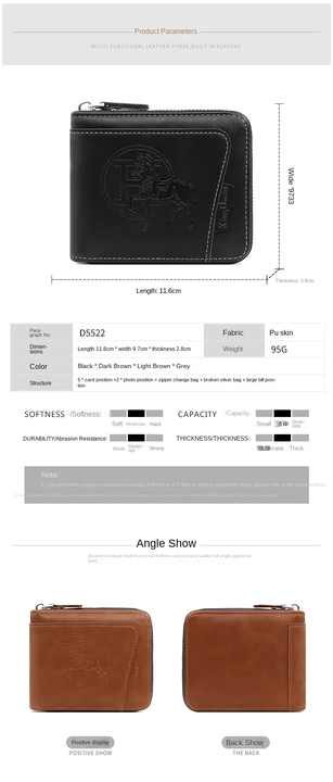 NNEDSZ Dark Brown Men's Leather Wallet with Zipper and Horse Embossed Design - Compact and Stylish