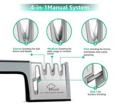 Knife Sharpener 4 in 1 Diamond Coated&Fine Rod Knife Shears and Scissors Sharpening stone System Stainless Steel Blades