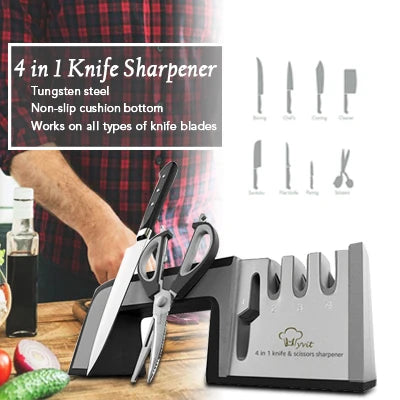 Knife Sharpener 4 in 1 Diamond Coated&Fine Rod Knife Shears and Scissors Sharpening stone System Stainless Steel Blades