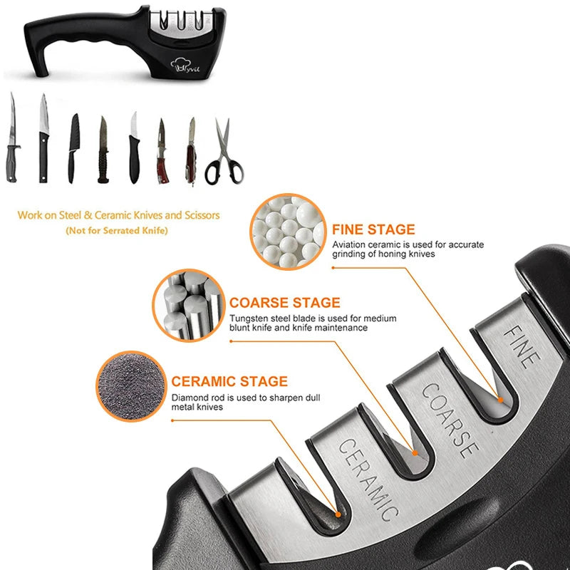 Knife Sharpener 4 in 1 Diamond Coated&Fine Rod Knife Shears and Scissors Sharpening stone System Stainless Steel Blades