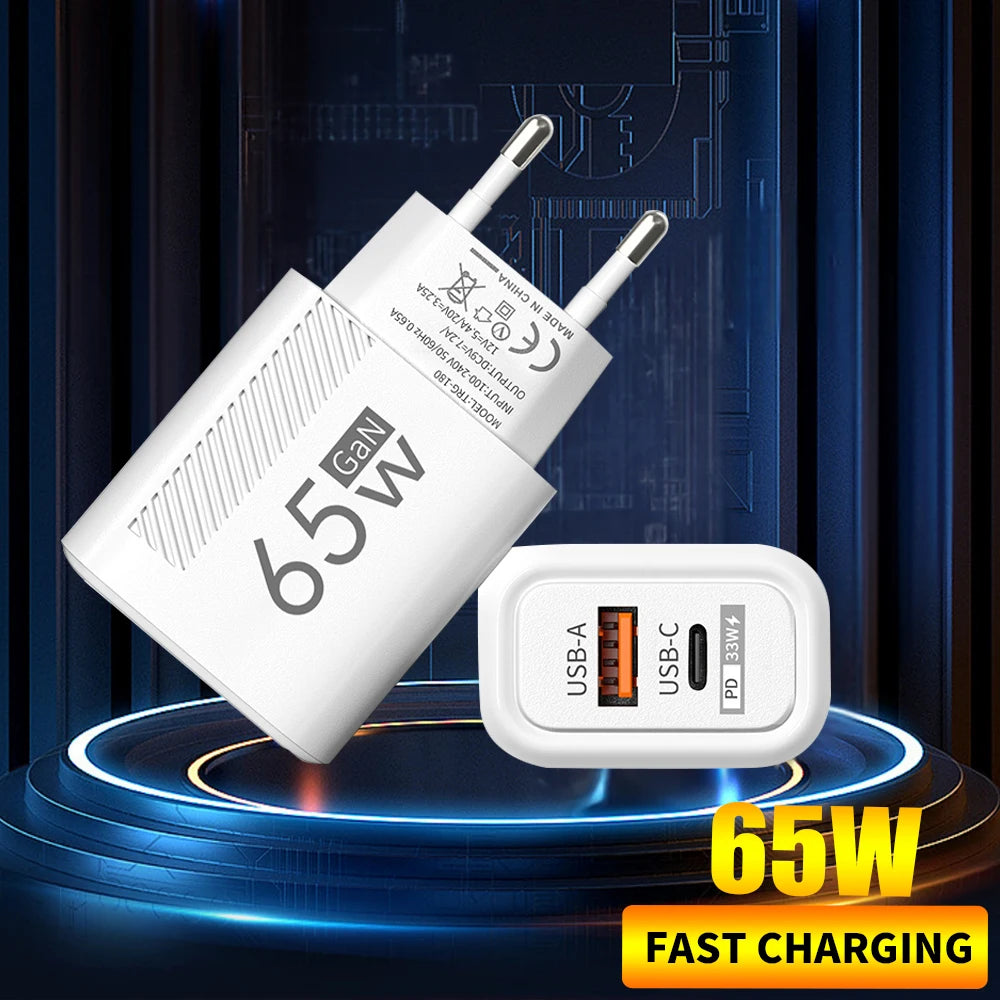 PD 65W USB C Charger GaN Fast Charging Wall Charger For iPhone Samsung Xiaomi Quick Charge EU Plug US Plug Phone Charger Adapter