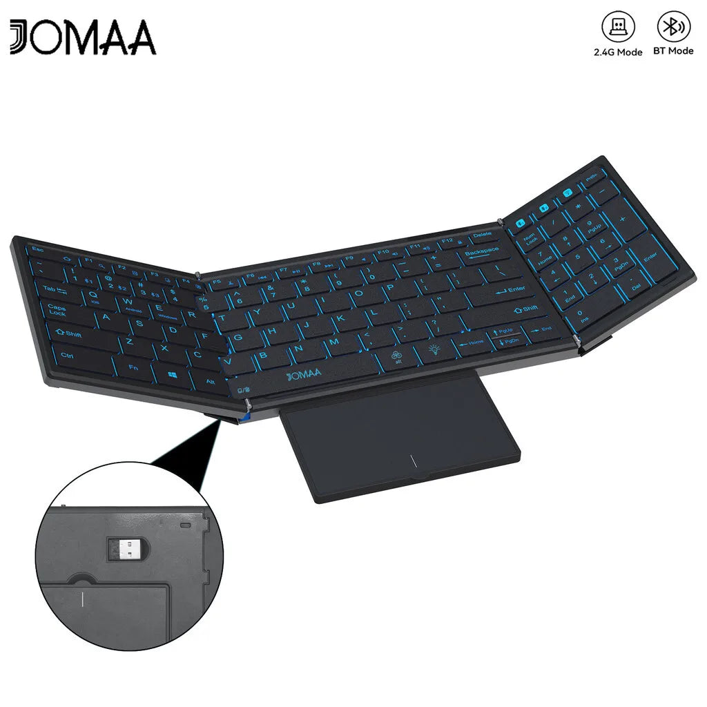 Jomaa RGB Backlit Folding Bluetooth Keyboard USB Wireless Full Size Foldable Keyboard With Touchpad Numberic Rechargeable