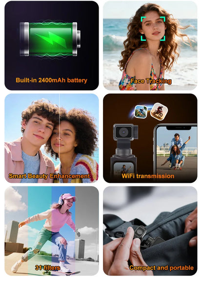 Ourlife 4K Action Camera 330° Face Tracking Gimbal Stabilizer 1.72 Inch Touch Screen 64MP Pocket Digital Camera WiFi Sports Cam