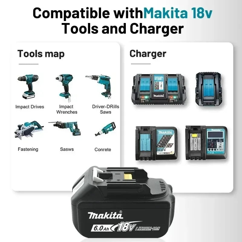 100% Original Makita 18V 5Ah 6Ah 9Ah Lithium Battery & Charger, Replacement Battery for DDF487 Cordless Impact Drill