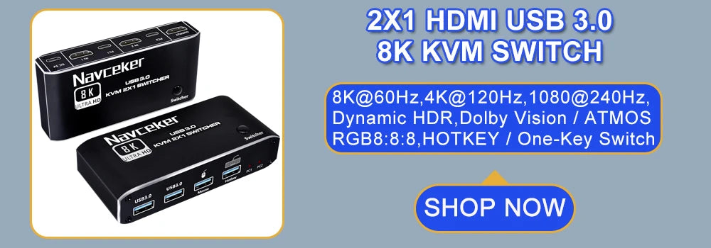 Navceker 2x1 8K Thunderbolt 4 USB C KVM Switch 100W PD Charge 4K 144Hz Type C KVM Switch Switcher for 2 Laptop Macbook 1 Monitor