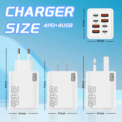 8 in 1 GaN Desktop USB Phone Charger 240W PD Fast Charger 4PD 4USB For iPhone 16 15 Pro Samsung Xiaomi EU US Plug Power Adapter