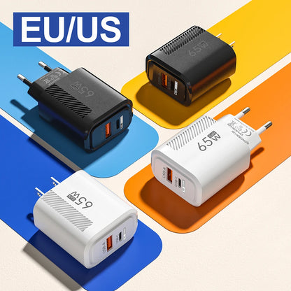 PD 65W USB C Charger GaN Fast Charging Wall Charger For iPhone Samsung Xiaomi Quick Charge EU Plug US Plug Phone Charger Adapter