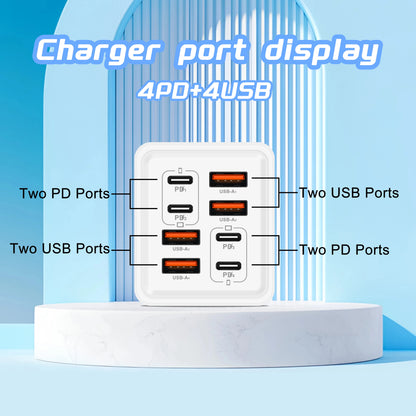 8 in 1 GaN Desktop USB Phone Charger 240W PD Fast Charger 4PD 4USB For iPhone 16 15 Pro Samsung Xiaomi EU US Plug Power Adapter