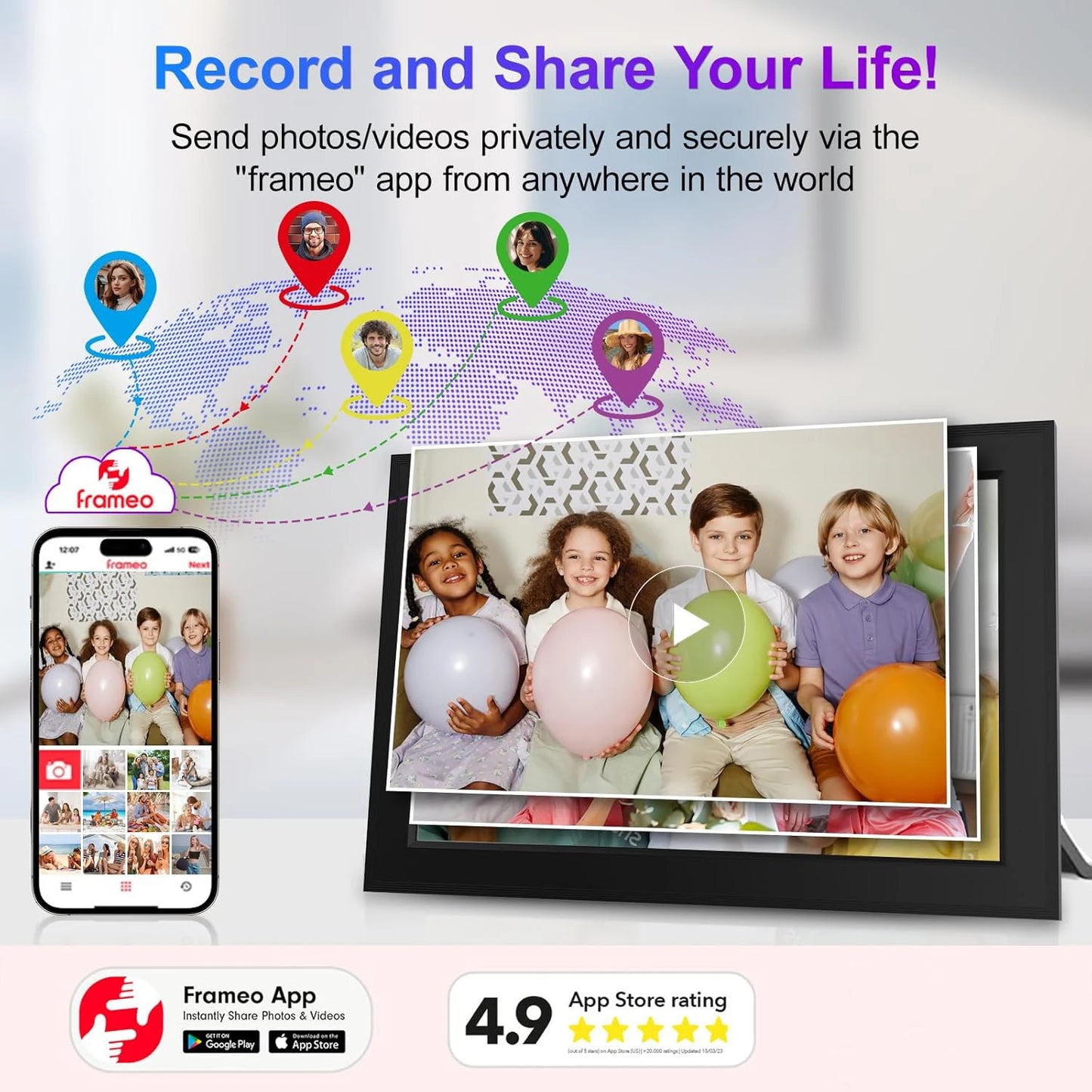 Frameo Digital Picture Frame 10.1 Inch 32GB/64GB Smart WiFi digital photo frame with 1280x800 IPS HD Touch Screen Wall Mountable