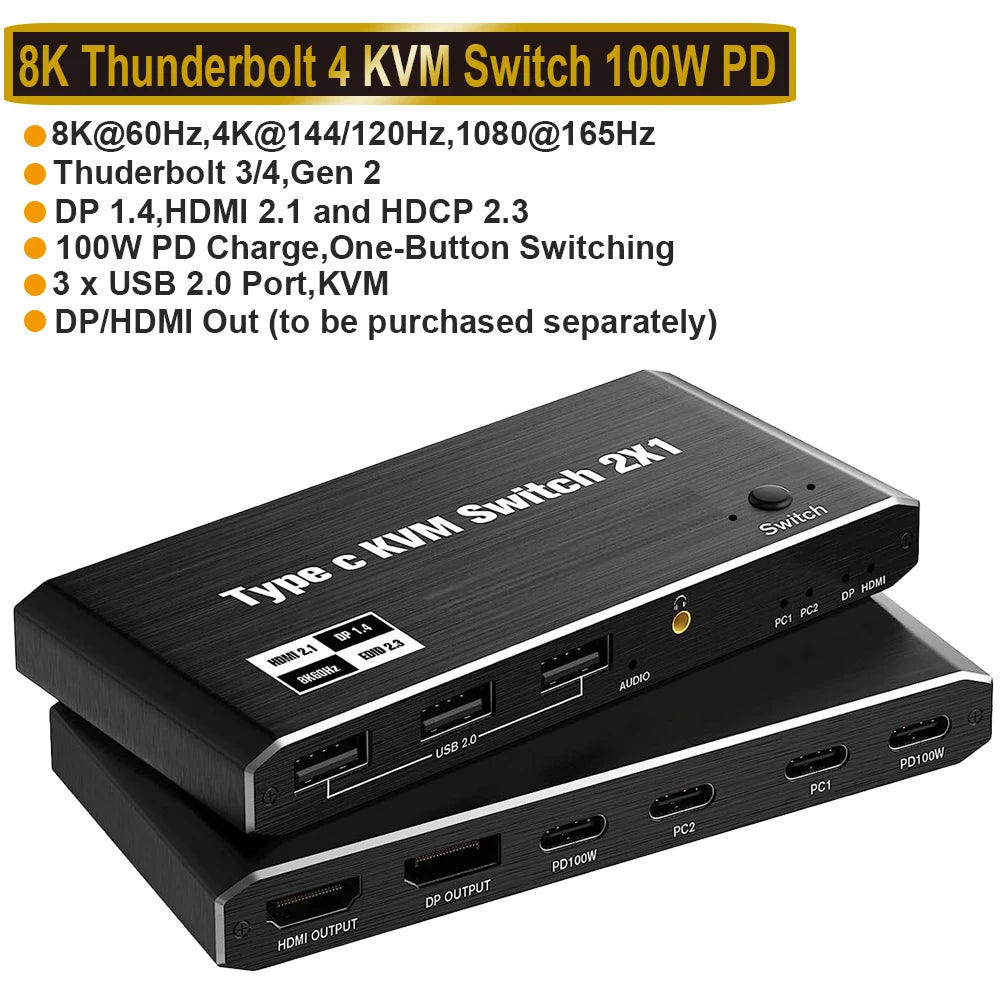 Navceker 2x1 8K Thunderbolt 4 USB C KVM Switch 100W PD Charge 4K 144Hz Type C KVM Switch Switcher for 2 Laptop Macbook 1 Monitor
