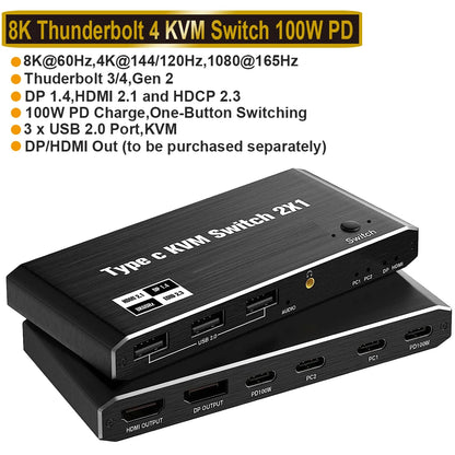 Navceker 2x1 8K Thunderbolt 4 USB C KVM Switch 100W PD Charge 4K 144Hz Type C KVM Switch Switcher for 2 Laptop Macbook 1 Monitor