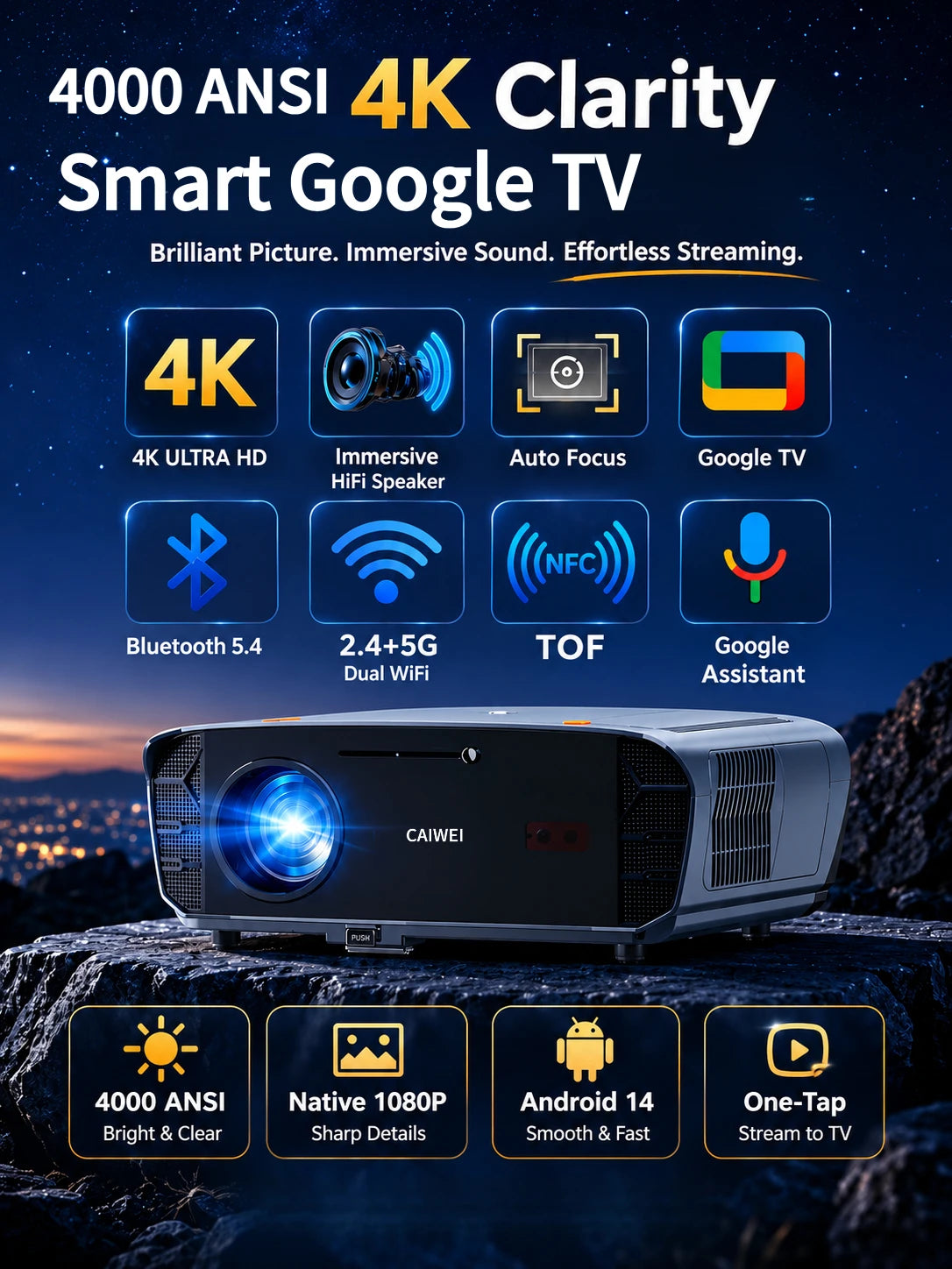 S7+ 4K Ultra HD Projector Video Movies 4000 ANSI Google TV Home Theater Android 14 Auto Focus Smart TV Beam Projectors Daytime