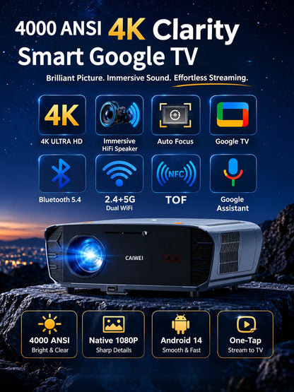 S7+ 4K Ultra HD Projector Video Movies 4000 ANSI Google TV Home Theater Android 14 Auto Focus Smart TV Beam Projectors Daytime