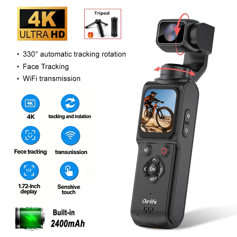 4K Wifi Pocket Vlogging Camera with 330° Auto-Tracking Face Gimbal Stabilizer Touch Screen Sports DV Bodycam for  Outdoor Vlog