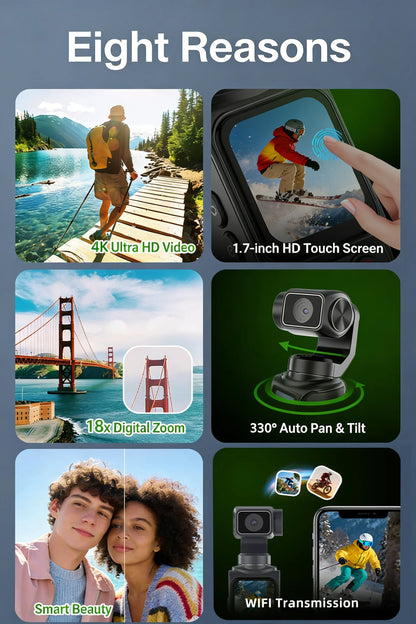 4K Pocket Gimbal Camera Handheld Stabilizer 75MP Auto-Tracking 330° Rotation 1.7" Touchscreen Vlogging Camcorder