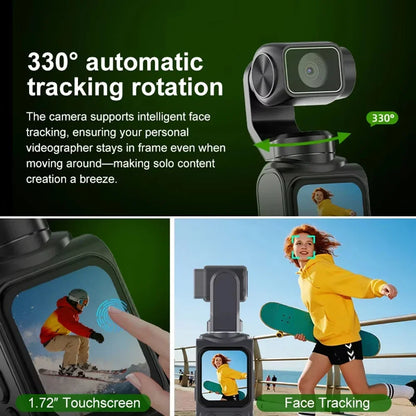 4K Wifi Pocket Vlogging Camera with 330° Auto-Tracking Face Gimbal Stabilizer Touch Screen Sports DV Bodycam for  Outdoor Vlog