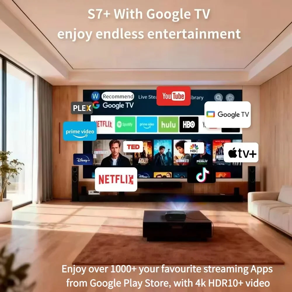 S7+ 4K Ultra HD Projector Video Movies 4000 ANSI Google TV Home Theater Android 14 Auto Focus Smart TV Beam Projectors Daytime