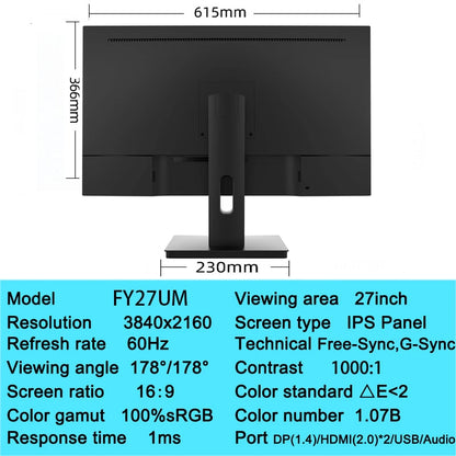 FYHXele 27"  4K Computer Monitor IPS Elevating and Rotating Gaming Screen PC Monitor 1ms Fast Response 100%sRGB Game Monitors