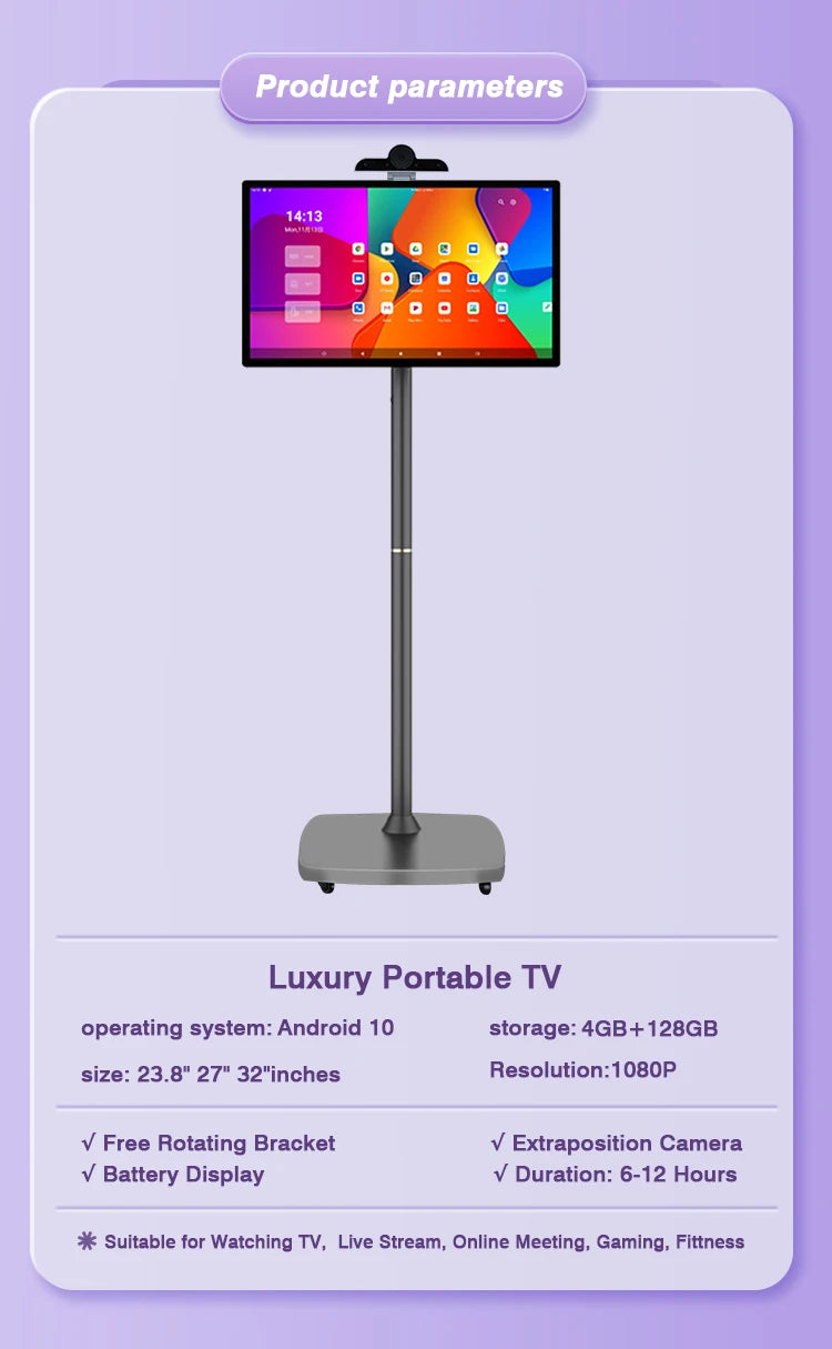 27" Portable Smart TV - Rotatable Android 10 Advertising Monitor with Battery (Movable Stand, Full HD Touchscreen）