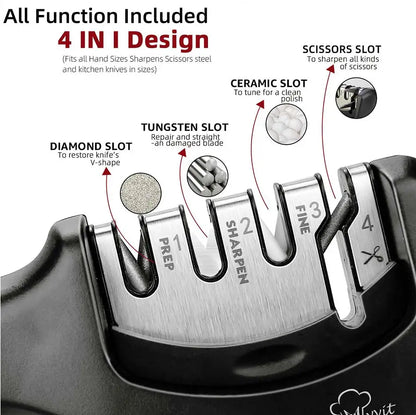 Knife Sharpener 4 in 1 Diamond Coated&Fine Rod Knife Shears and Scissors Sharpening stone System Stainless Steel Blades