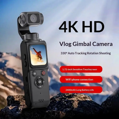 4K Pocket Gimbal Camera Handheld Stabilizer 75MP Auto-Tracking 330° Rotation 1.7" Touchscreen Vlogging Camcorder