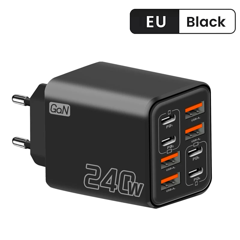 8 in 1 GaN Desktop USB Phone Charger 240W PD Fast Charger 4PD 4USB For iPhone 16 15 Pro Samsung Xiaomi EU US Plug Power Adapter