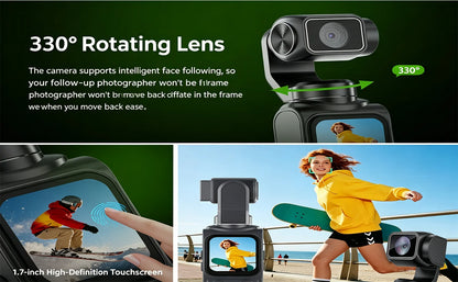 4K Wifi Action Camera 330° Auto-rotate Len Pocket Camera 1.72" Touchscreen Zoom Sport Cam Portable Vlog Video Recorder Cycling