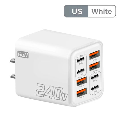 8 in 1 GaN Desktop USB Phone Charger 240W PD Fast Charger 4PD 4USB For iPhone 16 15 Pro Samsung Xiaomi EU US Plug Power Adapter