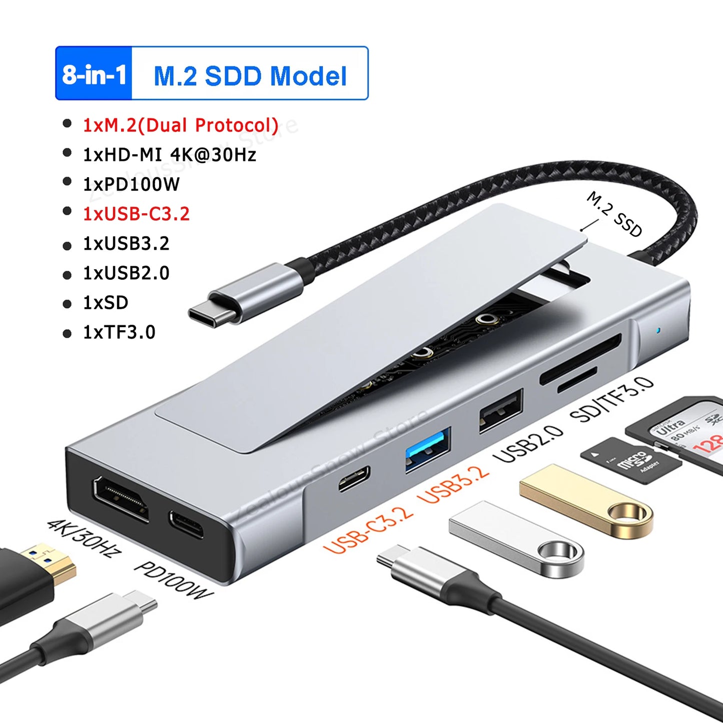 8-in-1 USB 3.2 Hub With Disk Storage Function Multi Adapter Card Reader Type C to HDMI-Compatible Splitter For Laptops Macbook