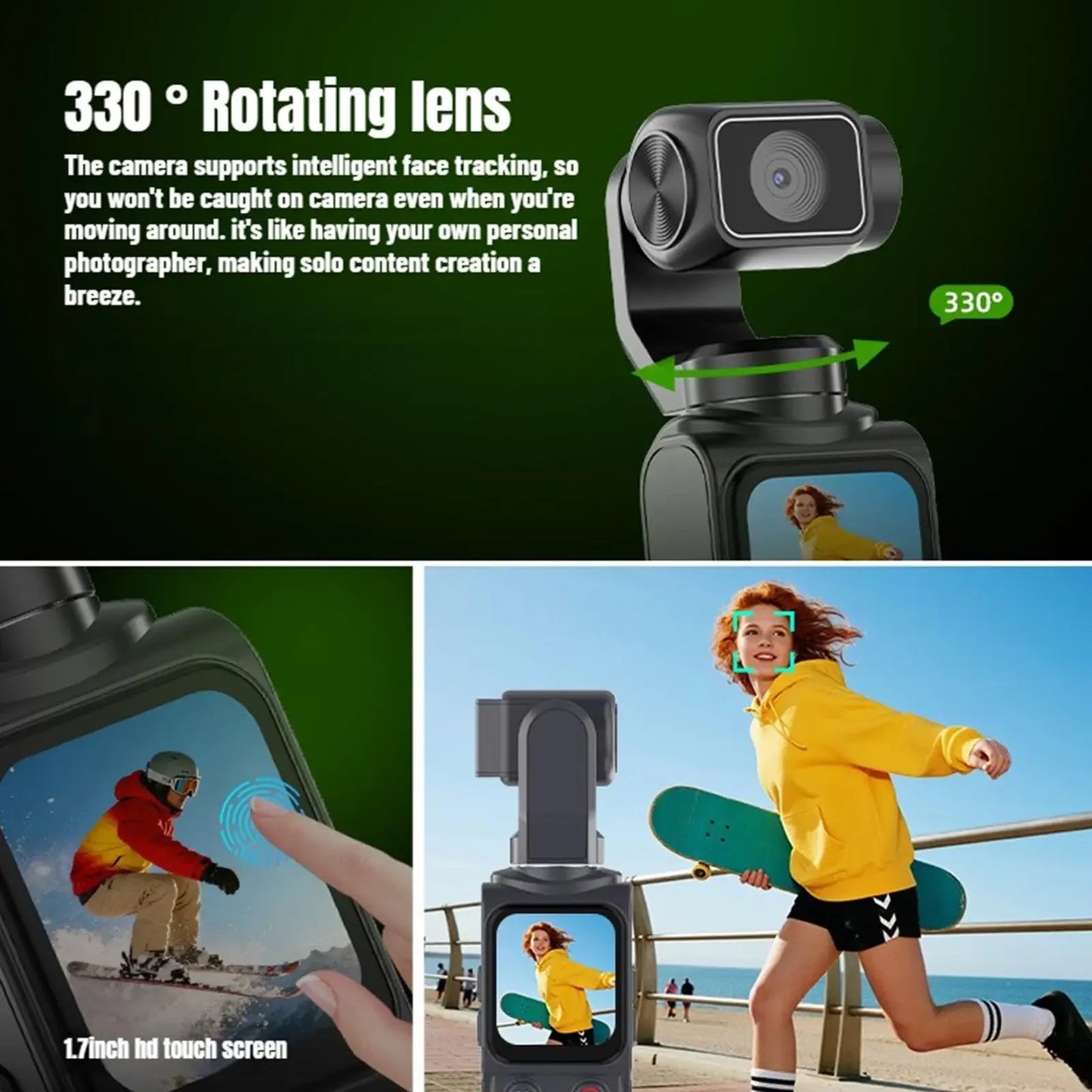 4K HD Portable Pocket Action Camera, 330° Tracking Autofocus Handheld Cam, Outdoor Travel Hiking Cycling Vlog Video Recorder