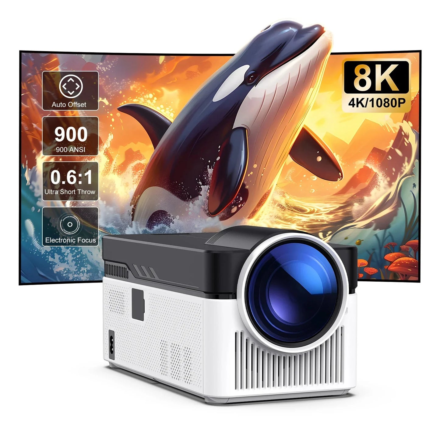 NNEOBA Smart Projector 8K Supported 1080P White