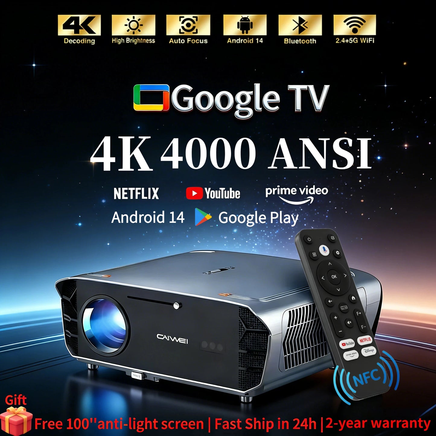 S7+ 4K Ultra HD Projector Video Movies 4000 ANSI Google TV Home Theater Android 14 Auto Focus Smart TV Beam Projectors Daytime