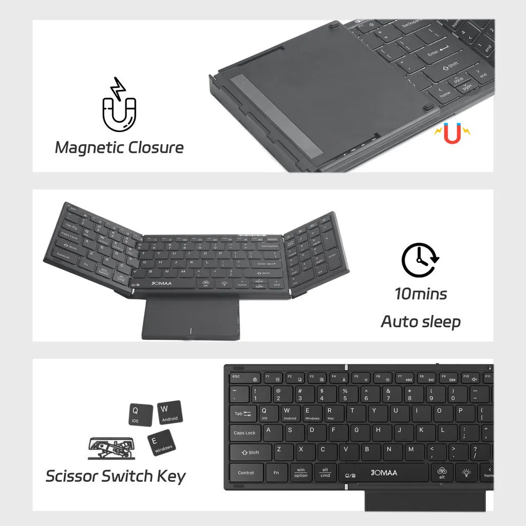 Jomaa RGB Backlit Folding Bluetooth Keyboard USB Wireless Full Size Foldable Keyboard With Touchpad Numberic Rechargeable
