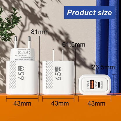 PD 65W USB C Charger GaN Fast Charging Wall Charger For iPhone Samsung Xiaomi Quick Charge EU Plug US Plug Phone Charger Adapter