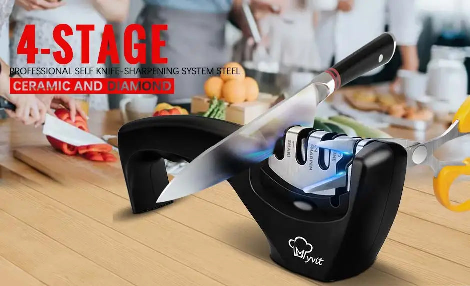 Knife Sharpener 4 in 1 Diamond Coated&Fine Rod Knife Shears and Scissors Sharpening stone System Stainless Steel Blades