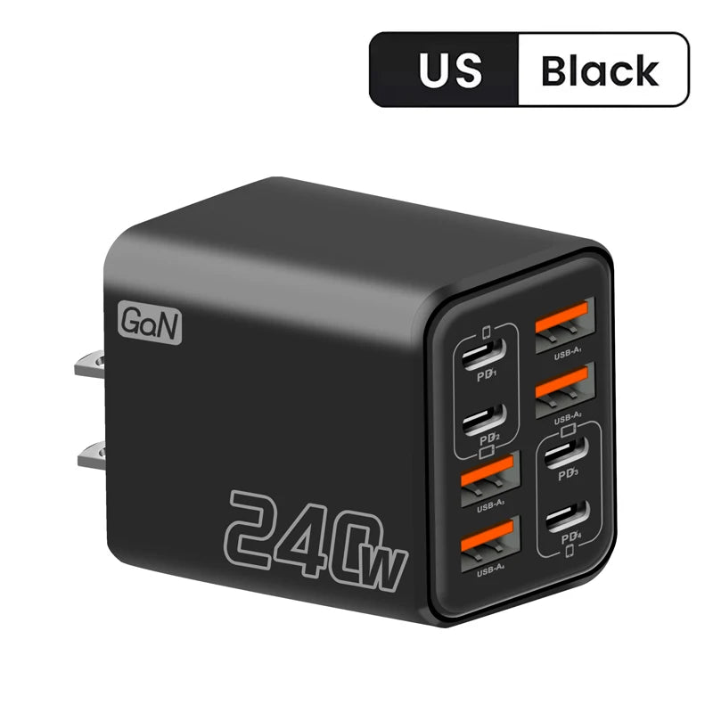 8 in 1 GaN Desktop USB Phone Charger 240W PD Fast Charger 4PD 4USB For iPhone 16 15 Pro Samsung Xiaomi EU US Plug Power Adapter