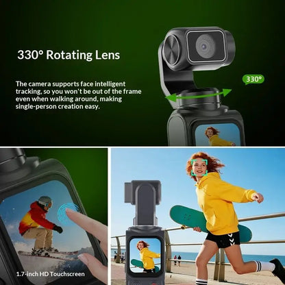 4K Pocket Gimbal Camera Handheld Stabilizer 75MP Auto-Tracking 330° Rotation 1.7" Touchscreen Vlogging Camcorder
