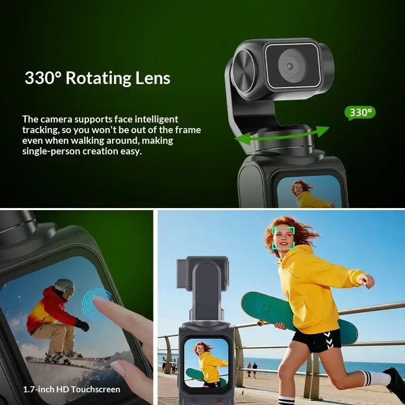 4K Pocket Gimbal Camera Handheld Stabilizer 75MP Auto-Tracking 330° Rotation 1.7" Touchscreen Vlogging Camcorder