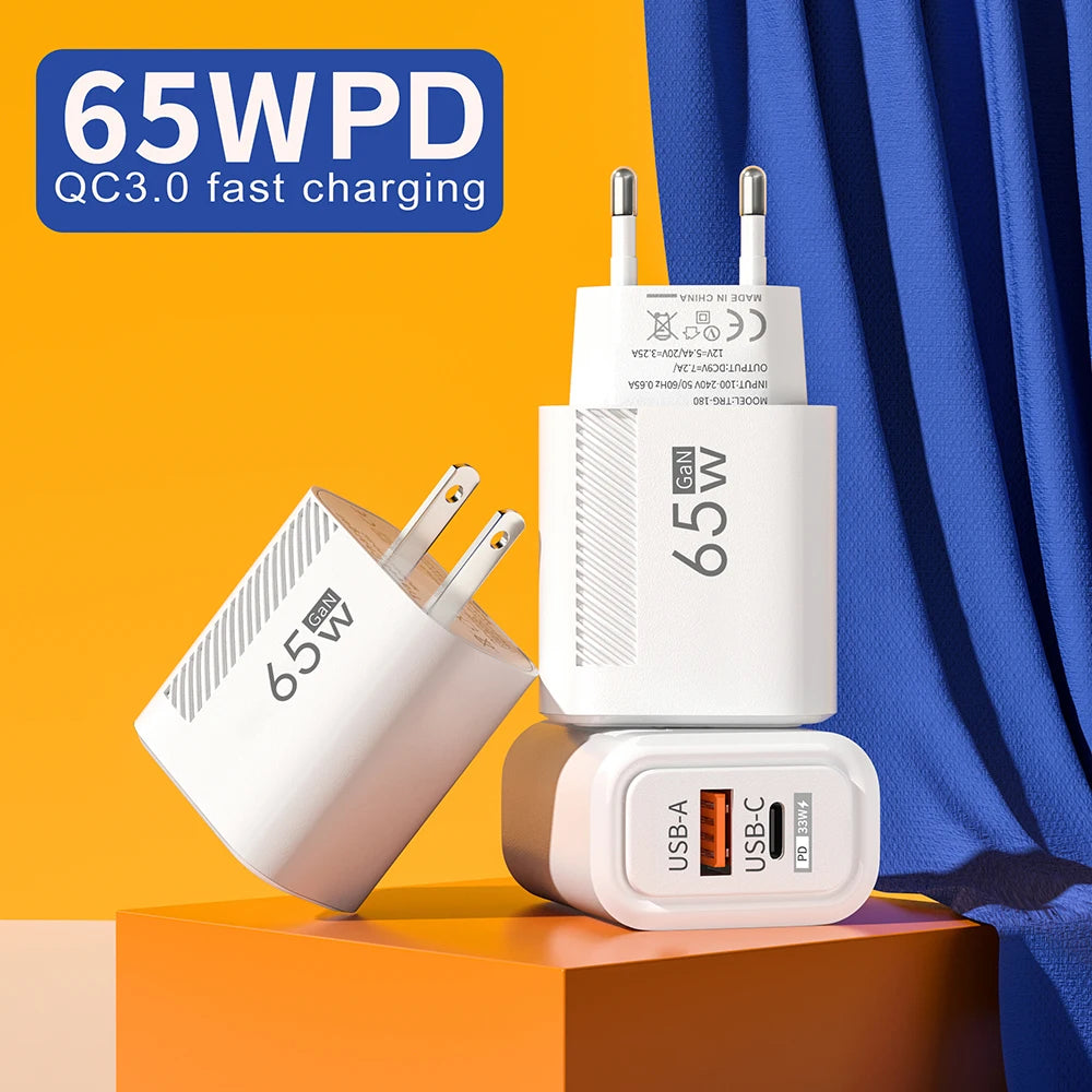 PD 65W USB C Charger GaN Fast Charging Wall Charger For iPhone Samsung Xiaomi Quick Charge EU Plug US Plug Phone Charger Adapter