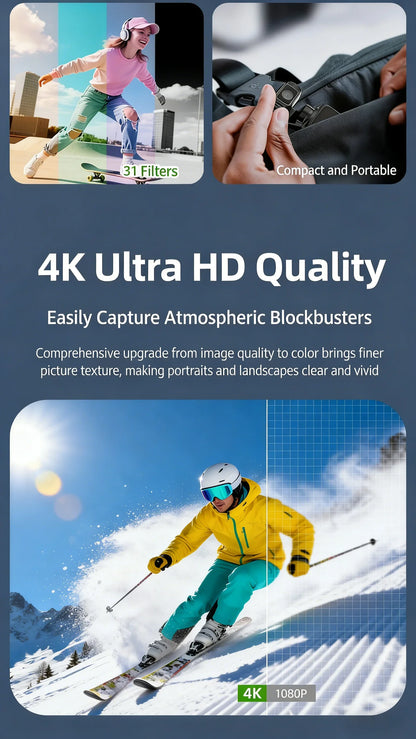 4K Pocket Gimbal Camera Handheld Stabilizer 75MP Auto-Tracking 330° Rotation 1.7" Touchscreen Vlogging Camcorder