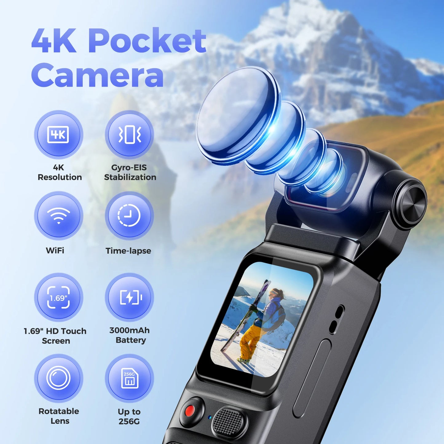 4K Pocket Action Camera Touch Screen WIFI Outdoor DV 180° Rotatable  Anti-shake Bodycam Portable Small Video Recorder Vlog Cam
