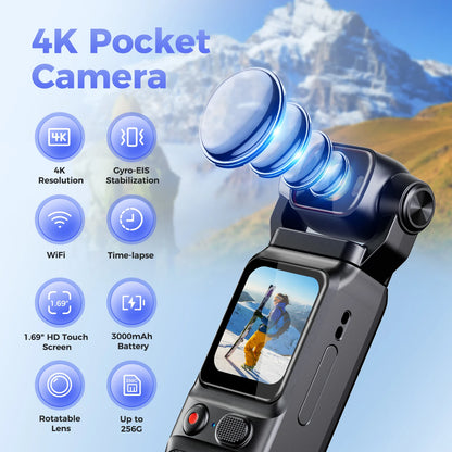 4K Pocket Action Camera Touch Screen WIFI Outdoor DV 180° Rotatable  Anti-shake Bodycam Portable Small Video Recorder Vlog Cam