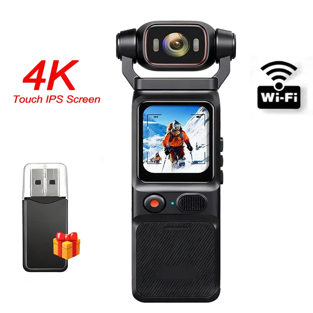 4K Pocket Action Camera Touch Screen WIFI Outdoor DV 180° Rotatable  Anti-shake Bodycam Portable Small Video Recorder Vlog Cam
