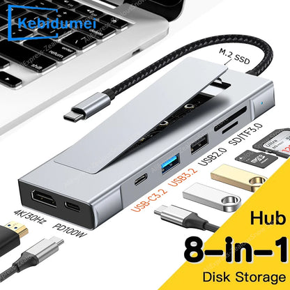 8-in-1 USB 3.2 Hub With Disk Storage Function Multi Adapter Card Reader Type C to HDMI-Compatible Splitter For Laptops Macbook