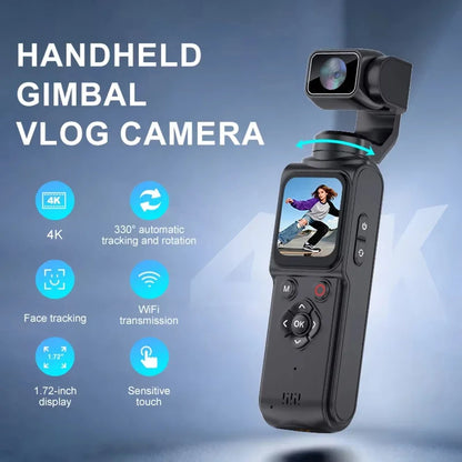 4K Wifi Pocket Vlogging Camera with 330° Auto-Tracking Face Gimbal Stabilizer Touch Screen Sports DV Bodycam for  Outdoor Vlog
