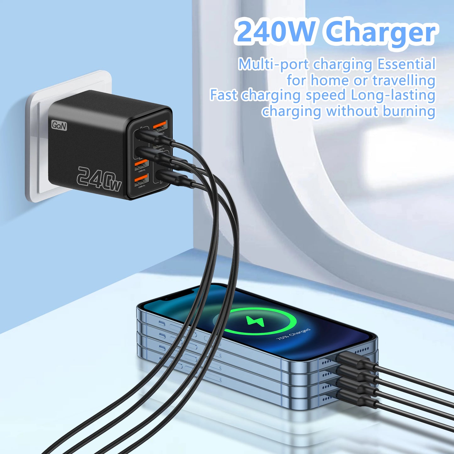 8 in 1 GaN Desktop USB Phone Charger 240W PD Fast Charger 4PD 4USB For iPhone 16 15 Pro Samsung Xiaomi EU US Plug Power Adapter