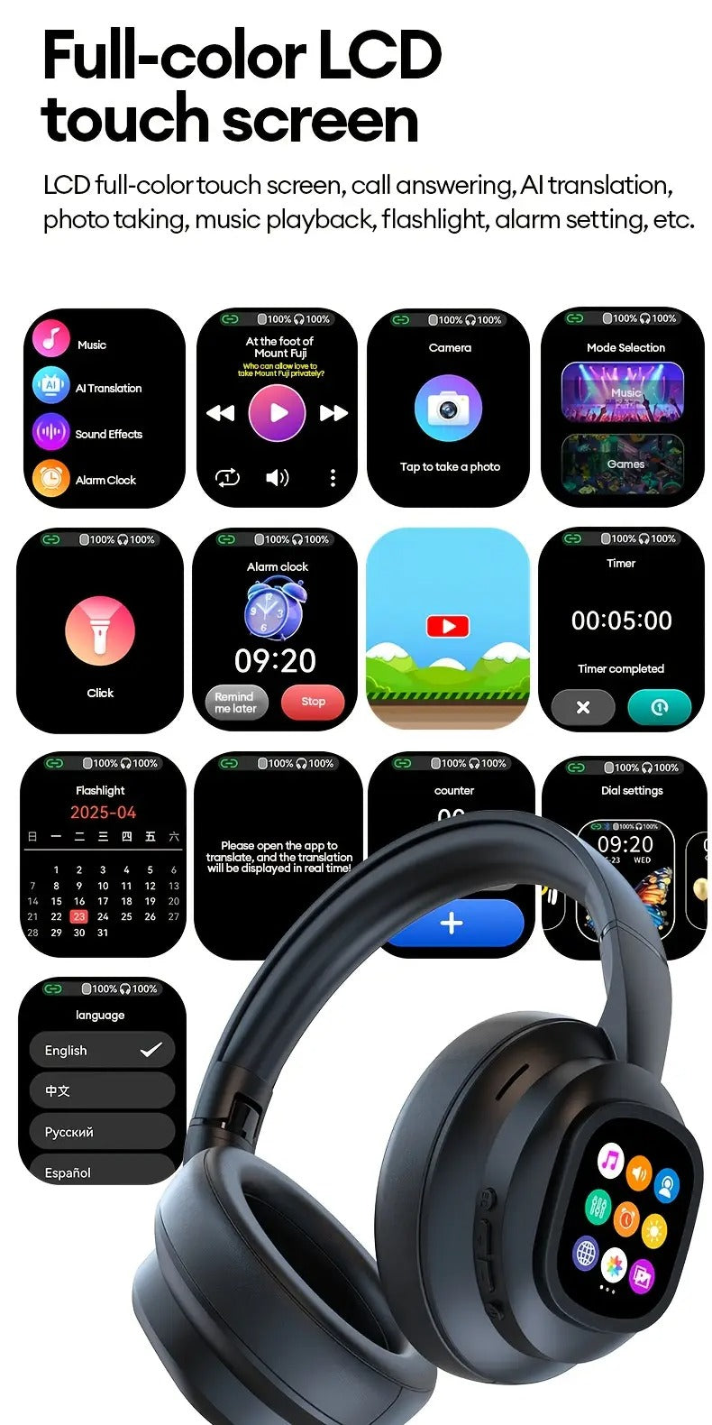 NNETM AI Translation Headphones LCD Touch Wireless Earbuds